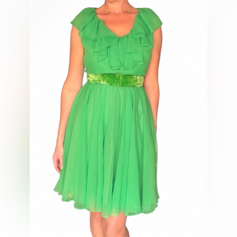 Vintage Miss Elliette Green Chiffon Ruffle Neck twirly skirt Dress velvet belt
